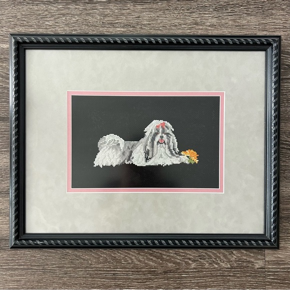 Handmade Other - Vintage Cross Stitch Shih Tzu Black Framed Matted Dog Handmade Wall Art 18x15”